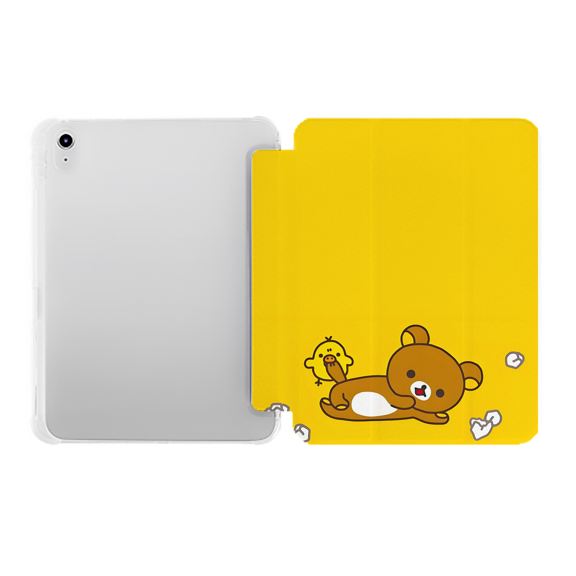 （画像用） リラックマ リラックマ キイロイトリ Rilakkuma Korilakkuma Kiiroitori IPad ケース ペン収納付き 三つ折りスタンド PUレザー×シリコン 対応機種9.5/10.5/10.9インチ